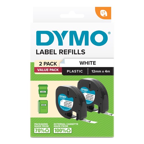DYMO LETRATAG LABELLING TAPE Plastic 12mmx4m White Pack2